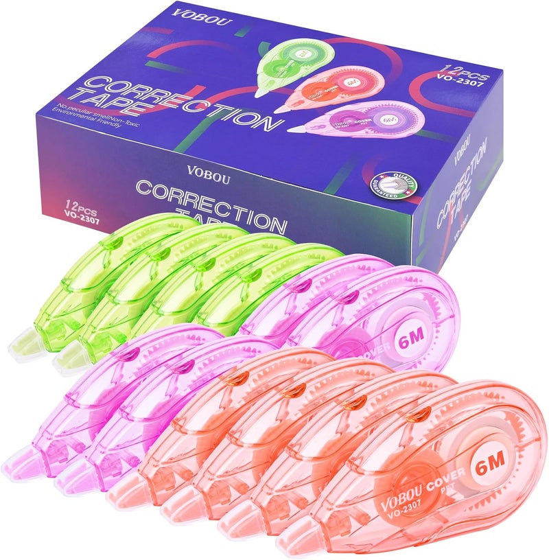 Vobou White Correction Tape, Easy To Use Applicator for Instant Corrections Wrong Writing At Any Time, For school, Office (red, purple, green, 12pack, 6M/256" x 0.2") - Image 1